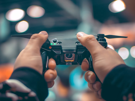 Close-up of hands holding a drone controller with focus on the buttons and joystick against a blurred background.の素材