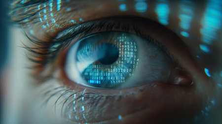 Close-up of a human eye with binary code overlay, symbolizing the fusion of technology and vision.の素材