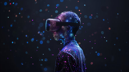 Side profile of a person with a VR headset, represented as a universe of glowing particles against a dark backdrop with bokeh lights.の素材