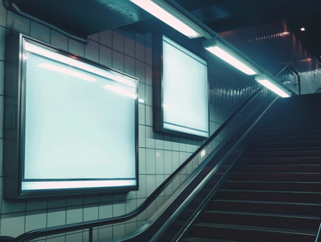 Empty ad spaces on a subway concourse, potential for marketing and commercial use.の素材
