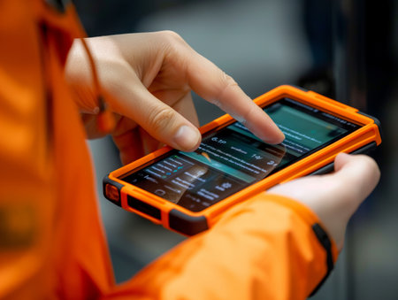 Close-up of a workers hands using a durable mobile device for task management.の素材