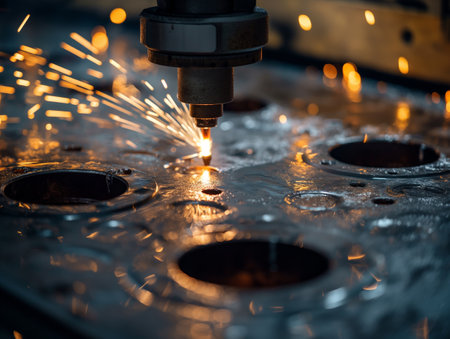 Close-up of a laser cutter engraving patterns on metal, with vibrant sparks flying.の素材