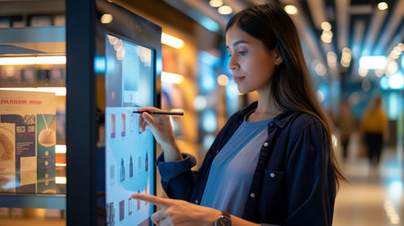 A young woman interacts with a digital display at a modern kiosk, showcasing technology in retail.の素材