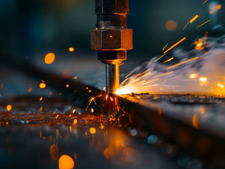 Close-up of a metal cutting process with vibrant sparks flying.の素材