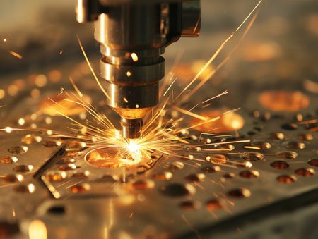 Close-up of a laser cutting machine processing a metal sheet, with sparks.の素材
