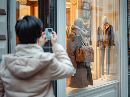 Person capturing a fashion display through a shop window on a bustling city streetの素材