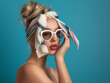 Woman with stylish headscarf and sunglasses against a blue background, evoking a vintage vibe.の素材
