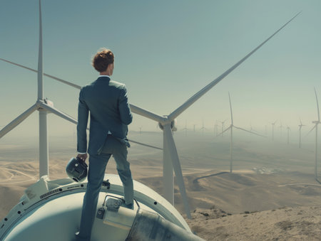 Businessman on wind turbine with expansive desert view.の素材