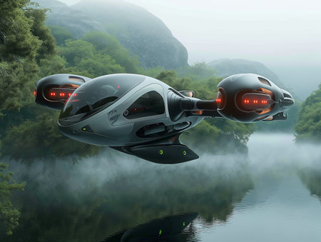 Advanced concept drones flying in serene natural scenery.の素材