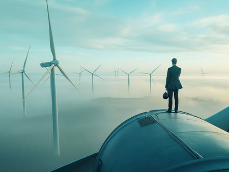 A businessperson stands atop a wind turbine, gazing at a wind farm enveloped in mist, symbolizing future energy potential.の素材