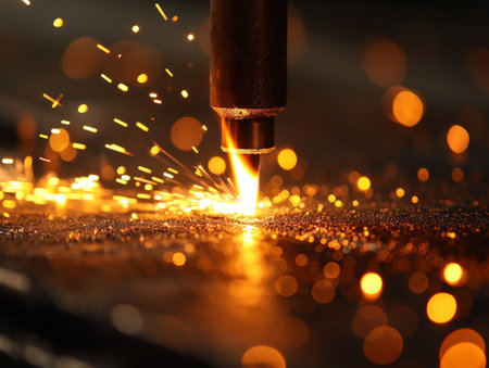 Close-up of a laser cutting through metal, creating a dynamic display of sparks and light.の素材