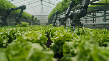 Robotic arms tending to lush green lettuce in a modern automated greenhouse.の素材