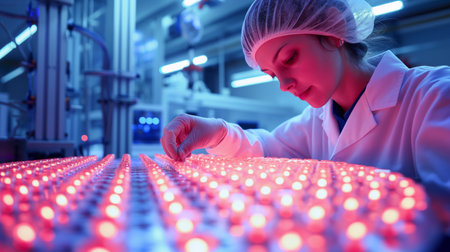A woman in lab attire examining glowing LED bulbs at a manufacturing facility, representing quality control.の素材
