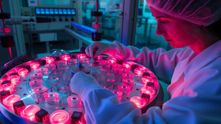Female researcher in lab coat conducting experiments using modern illuminated instruments.の素材