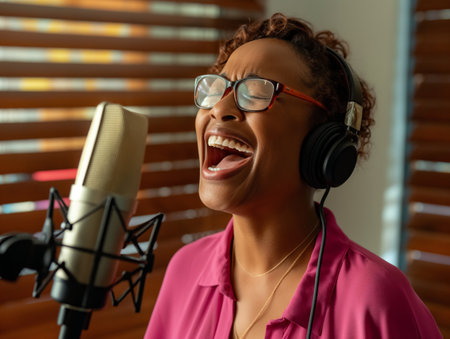 A passionate female vocalist records a song, her joyful expression conveying the power of music.の素材