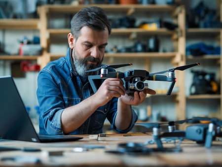 Mature man with beard examining a camera drone indoors, surrounded by tech equipment.の素材