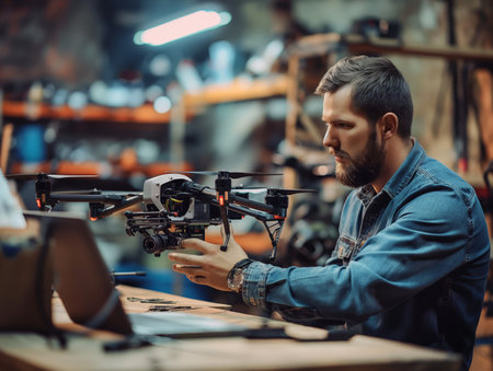 A focused man inspects or repairs a drone in a workshop setting, depicting technology maintenance.の素材