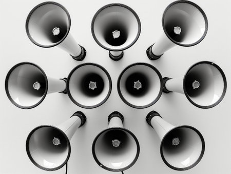 A group of black and white megaphones arranged on a light background, symbolizing mass communication and announcements.の素材