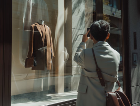 Person capturing a photo of a fashion store display window, highlighting urban lifestyle and fashion interest.の素材