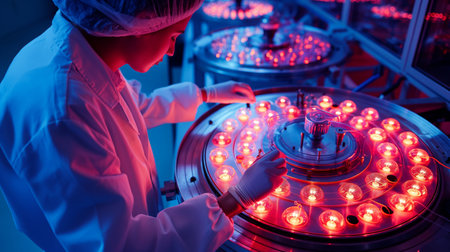 A focused scientist adjusts equipment in a futuristic lab with glowing red lights.の素材