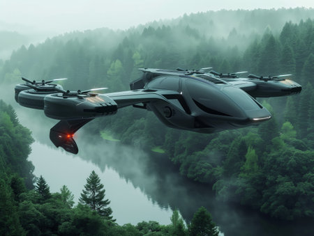 Advanced conceptual air vehicle flying above a tranquil forest and river, illustrating futuristic transportation.の素材
