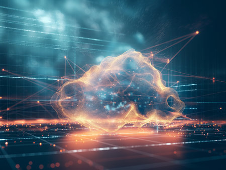 Abstract neural network cloud with connections and nodes against a digital background symbolizing AI and data processing.の素材