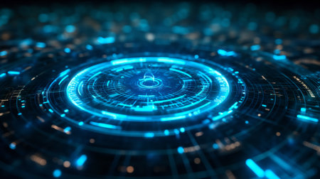 A glowing blue high-tech interface with digital patterns suggesting advanced computing or data analysis.の素材