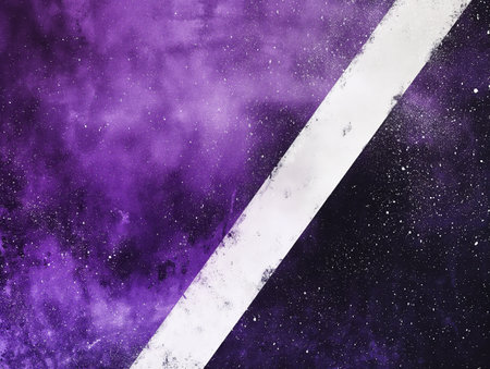 Abstract purple and black cosmic texture with a diagonal white strip, resembling a starry night sky split by light.の素材
