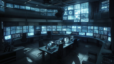 A sophisticated monitoring center with multiple screens displaying data and surveillance footage.の素材