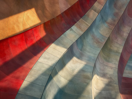 An artistic play of light and shadows on a multicolored wavy structure invoking a sense of fluidity and modern design.の素材
