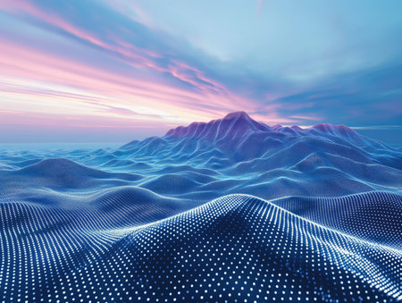 A serene digital landscape with rolling hills under a vibrant twilight sky, conveying a sense of futuristic tranquility.の素材