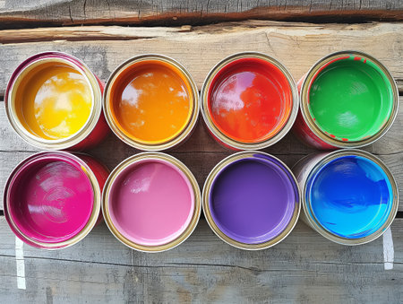 A colorful array of open paint cans from a birds-eye view.の素材