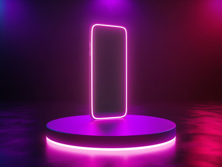 A vibrant neon-lit outline of a smartphone standing on a circular podium against a dark background with glowing purple hues.の素材
