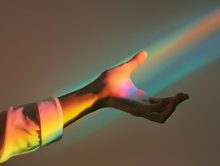 A human hand catching colorful light beams, symbolizes creativity and inspiration.の素材