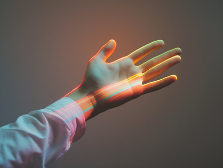 A human hand illuminated by vibrant neon light effects against a dark background, symbolizing technology and futuristic concepts.の素材