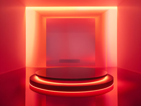 Abstract red neon-lit empty stage with geometric shapes, creating a futuristic and atmospheric look suitable for product display or concept art.の素材