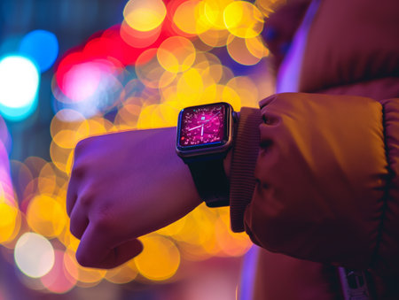A close-up of a smartwatch display on a persons wrist with vibrant bokeh background, depicting modern technology in everyday life.の素材