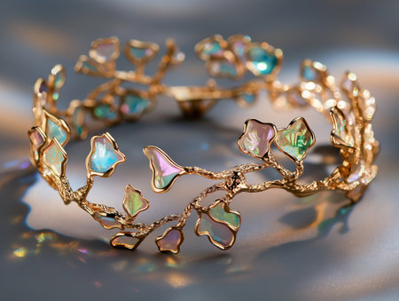 A luxurious golden bracelet with iridescent details, showcased on a reflective background.の素材