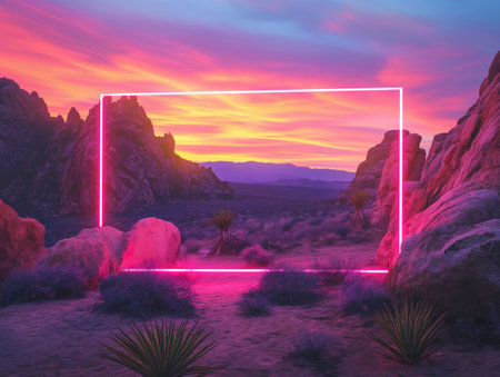 A surreal scene with vivid sunset skies and neon light frame set in a rocky desert environment.の素材