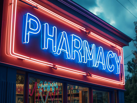 Bright neon sign with the word Pharmacy lit up in blue against a dusk sky, showcasing urban nightlife ambiance.の素材