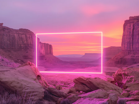A vibrant neon frame contrasts with the serene desert landscape at sunset, evoking a surreal and futuristic atmosphere.の素材