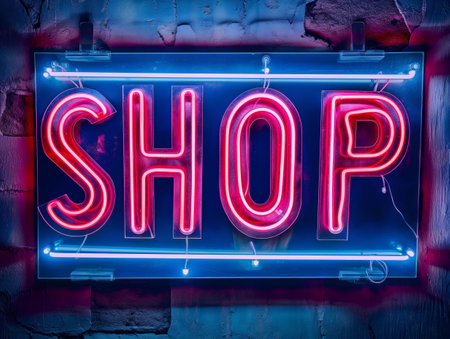 Vibrant neon sign spelling SHOP mounted on a textured brick wall, emitting a neon glow in a dim setting.の素材