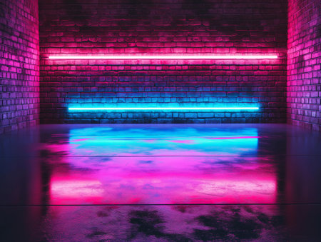 Vibrant neon lights reflecting on a glossy floor against a dark brick wall.の素材