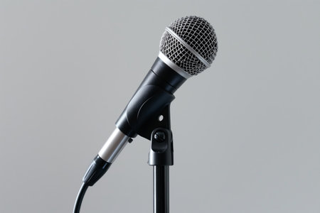 Close-up of a professional microphone on a stand against a grey background, representing communication and broadcastingの素材