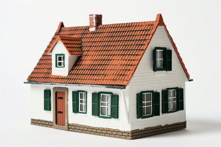 A detailed scale model of a house with red tiled roof and green shutters showcasing concepts of real estate, home ownership, and architectureの素材