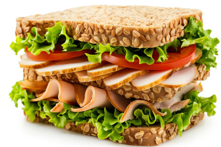 A close-up of a stacked turkey sandwich with lettuce, tomatoes, and whole grain breadの素材