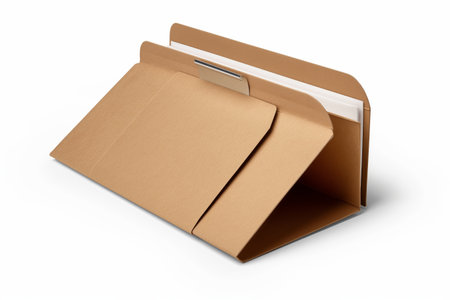 An isolated open brown file folder containing documents, depicted on a white background displaying organization and accessibility conceptsの素材