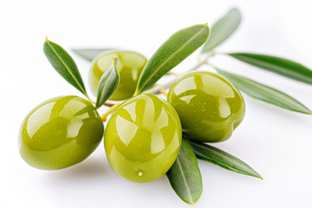 Close-up of shiny green olives with foliage isolated on whiteの素材