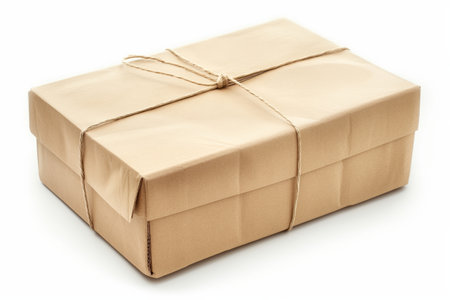 Simple brown paper-wrapped package tied with string, isolated on a white background, symbolizing delivery and giftsの素材