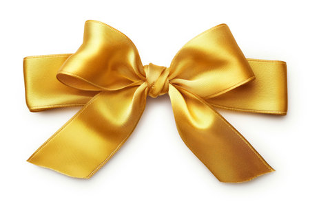 Elegant golden satin bow isolated on a white background, symbolizing celebration and gift decorationsの素材
